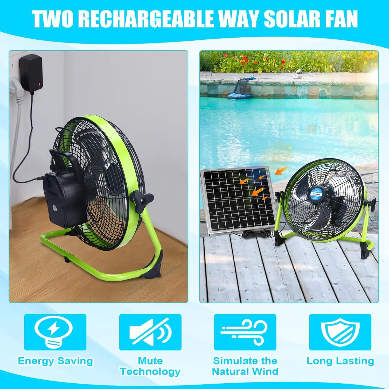 12" Solar Rechargeable Floor Fan, 15000mah 20w Battery Powered Fan with Solar Panel & Ac Adapter Charging, 3-in-1 Camping Ventilador and Light for Outside Home Patio Garage Chicken Coop Greenhouse