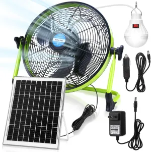 12" Solar Rechargeable Floor Fan, 15000mah 20w Battery Powered Fan with Solar Panel & Ac Adapter Charging, 3-in-1 Camping Ventilador and Light for Outside Home Patio Garage Chicken Coop Greenhouse Solar-powered car fan for ventilation