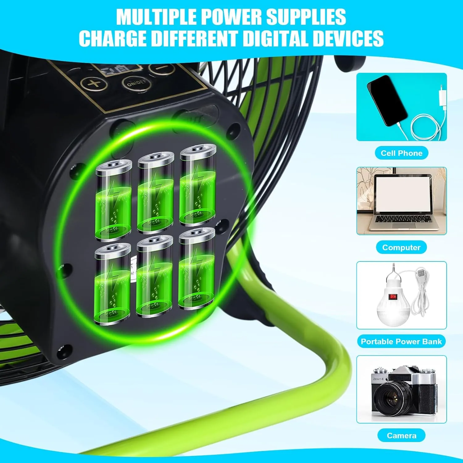 12" Solar Rechargeable Floor Fan, 15000mah 20w Battery Powered Fan with Solar Panel & Ac Adapter Charging, 3-in-1 Camping Ventilador and Light for Outside Home Patio Garage Chicken Coop Greenhouse