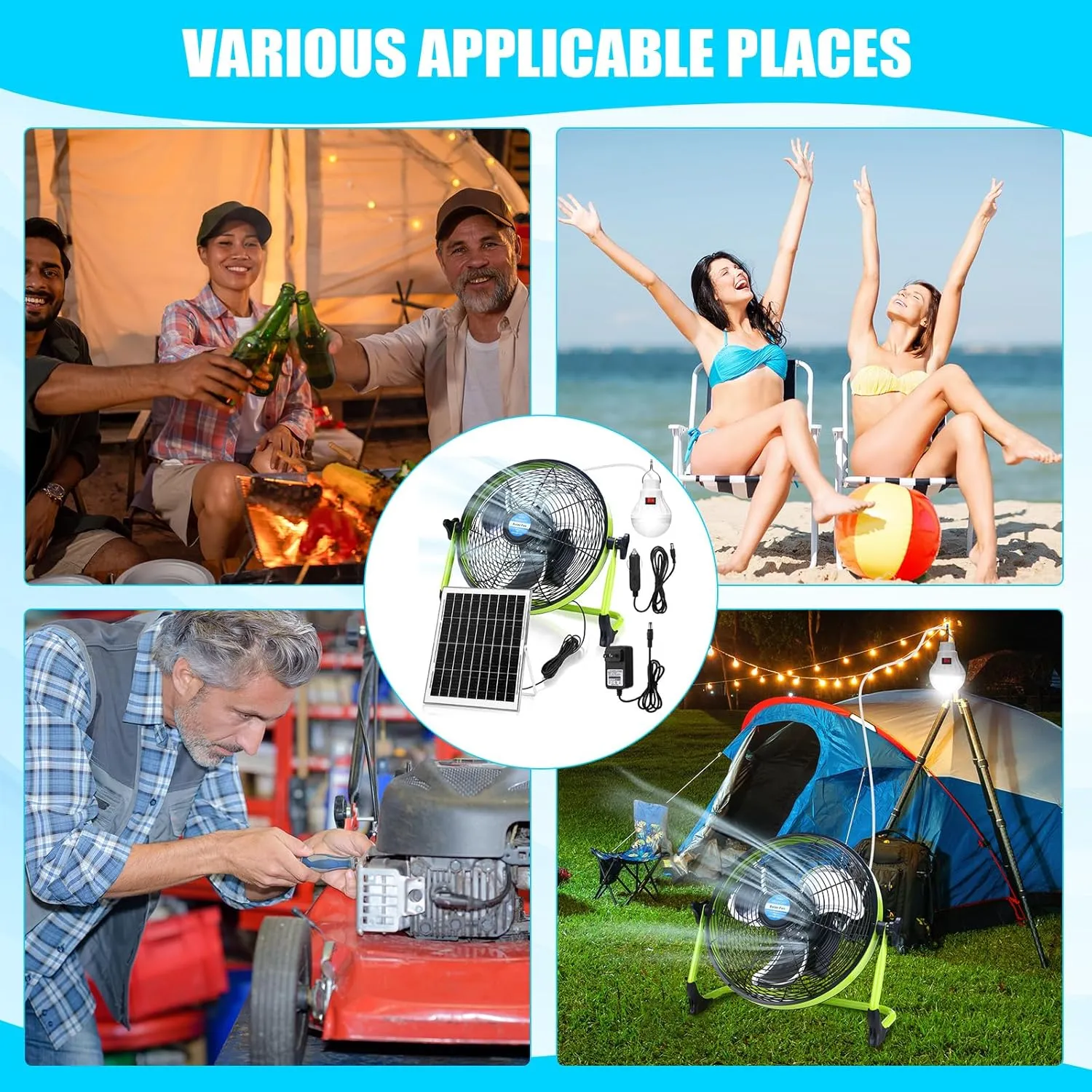 12" Solar Rechargeable Floor Fan, 15000mah 20w Battery Powered Fan with Solar Panel & Ac Adapter Charging, 3-in-1 Camping Ventilador and Light for Outside Home Patio Garage Chicken Coop Greenhouse