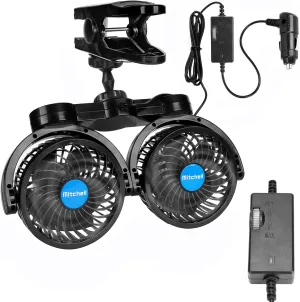 12V Car Clip Fans, Adjustable Dual Head Clip Fan 360 Rotatable Cooling Air Fan, 4'' Electric Auto Car Fans with Cigarette Lighter Plug for Vehicles, RV, SUV Solar-powered car fan for ventilation