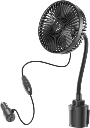 12V Car fan, 3-Speed Portable Vehicle Cooling Fan for Front Seat, Cigarette Lighter Powered with Car Charger, Mounted in Cup Holder, 360 Rotation, Car Necessities for Dog/SUV/RV/Truck/Van 360-degree rotating fan for home use