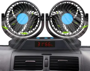 12V Car Fan, 5'' Portable Auto Cooling Fan, Adjustable Dual Head 360 Rotatable, 12 Speed Cigarette Lighter Plug & LED Display for Sedan SUV RV Boat Rear-mounted fan for childrens safety