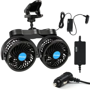 12V Car Fan, Adjustable 4 Inches Dual Head Car Clip Fan for Front/Rear Seat Passenger, 360 Rotatable Cars Fans with Stepless Speed Regulation for Car/Vehicle SUV, RV Solar-powered car fan for ventilation