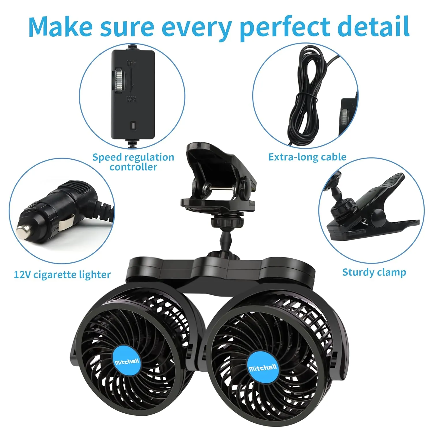 12V Car Fan, Adjustable 4 Inches Dual Head Car Clip Fan for Front/Rear Seat Passenger, 360 Rotatable Cars Fans with Stepless Speed Regulation for Car/Vehicle SUV, RV