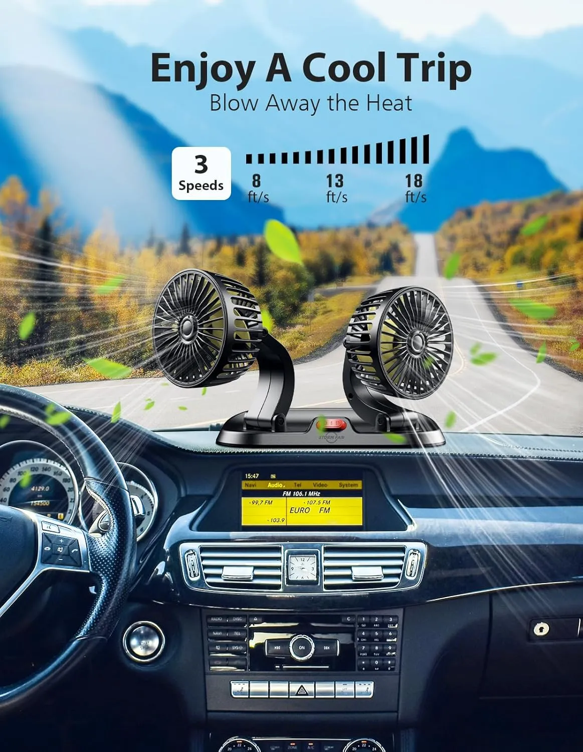 12V Car Fan - Dual Head Fans for Car, Portable Vehicle Cooling Fan - Brushless Motor(2025 Upgraded) - 3 Speeds, 360 Rotation, for SUV, RV, Truck, Sedan, Cruise, Cigarette Lighter Powered