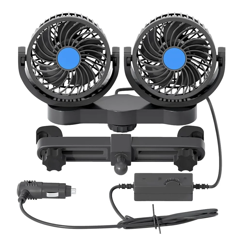 12V DC Rear Seat Cigarette Lighter Fan, Low Noise Dual Head Air Circulation Car Seat Fan, Infinitely Variable Speed, 360Degree Rotation Portable Truck Fan, Suitable for Truck,Van, SUV,RV Rear-mounted fan for childrens safety