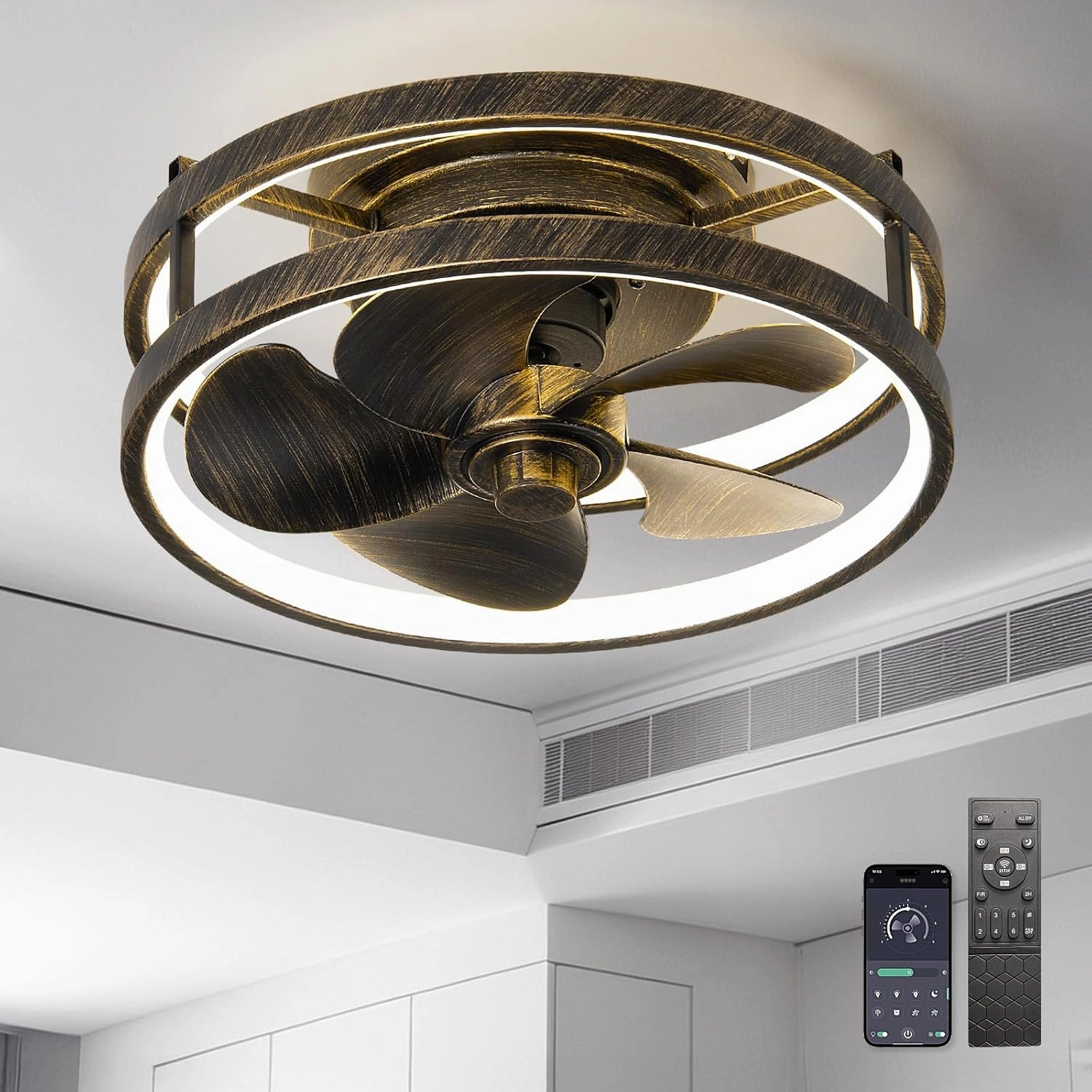 13 Inchs Low Profile Ceiling Fans with Lights with Remote Dimmable 36W 3000-6000K LED Fan with Light,Modern Lighting Fans Flush Mount for Bedroom Living Room (Golden Black) App-controlled remote fan for convenience