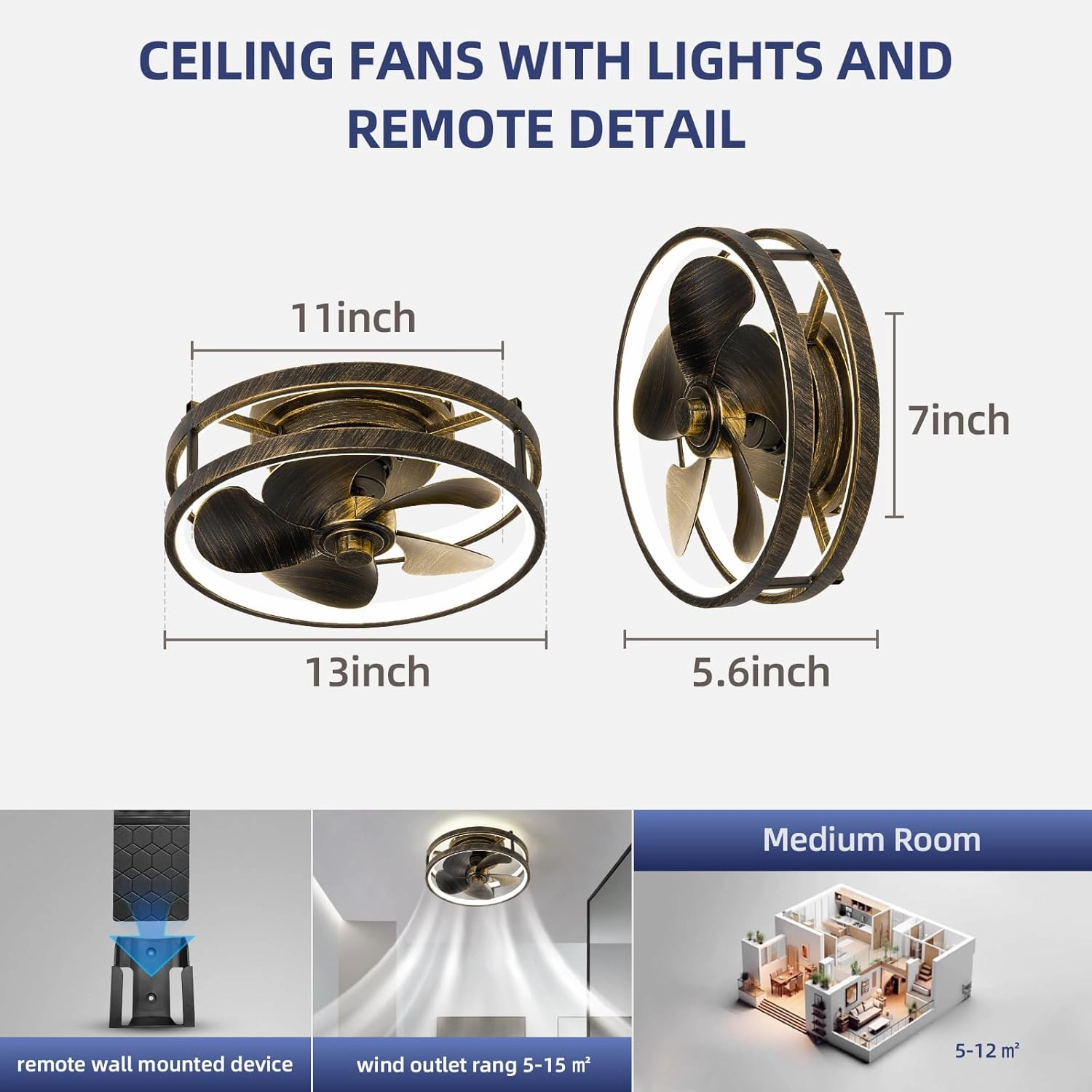 13 Inchs Low Profile Ceiling Fans with Lights with Remote Dimmable 36W 3000-6000K LED Fan with Light,Modern Lighting Fans Flush Mount for Bedroom Living Room (Golden Black)