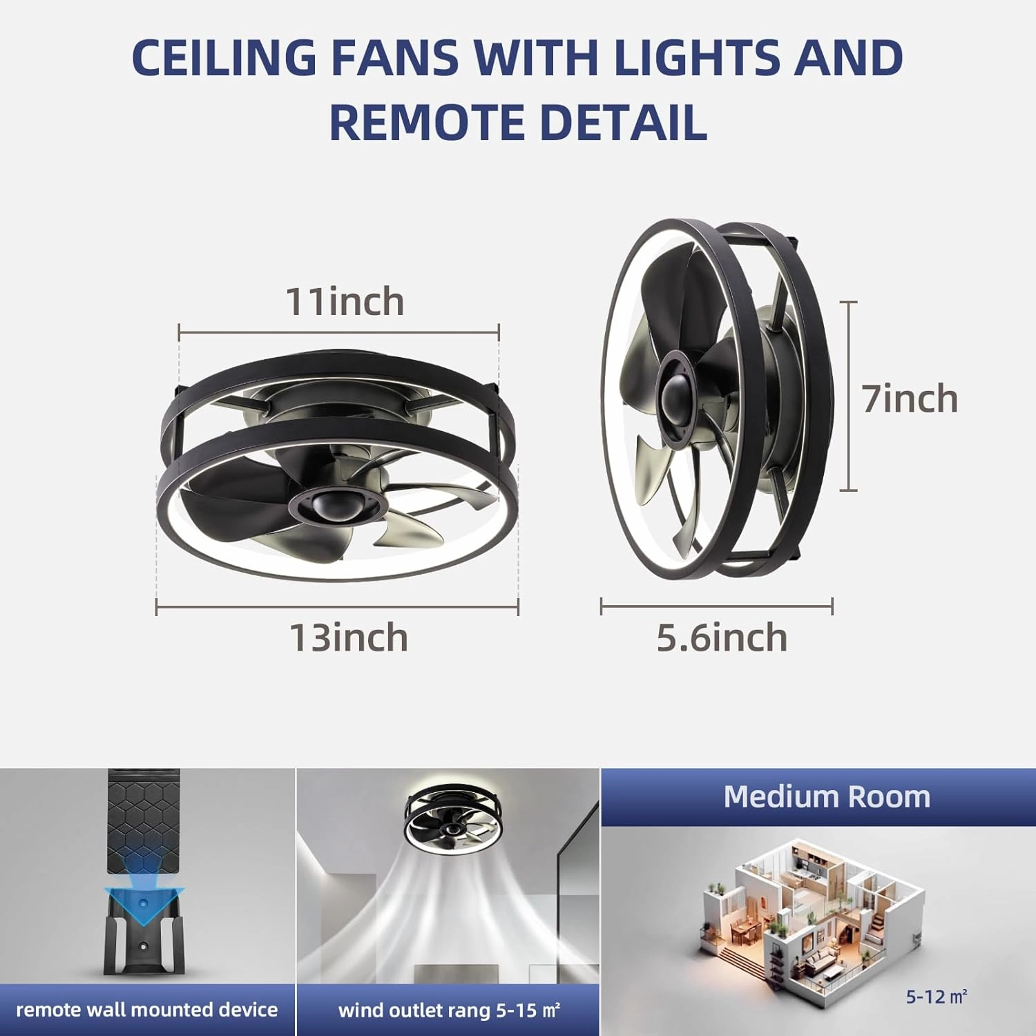 13" Low Profile Ceiling Fans with Lights and Remote,Dimmable 36W 3000-6000K LED Fan Light with App Control,Modern Ceiling Fans Flush Mount for Bedroom Kitchen (Black 002)