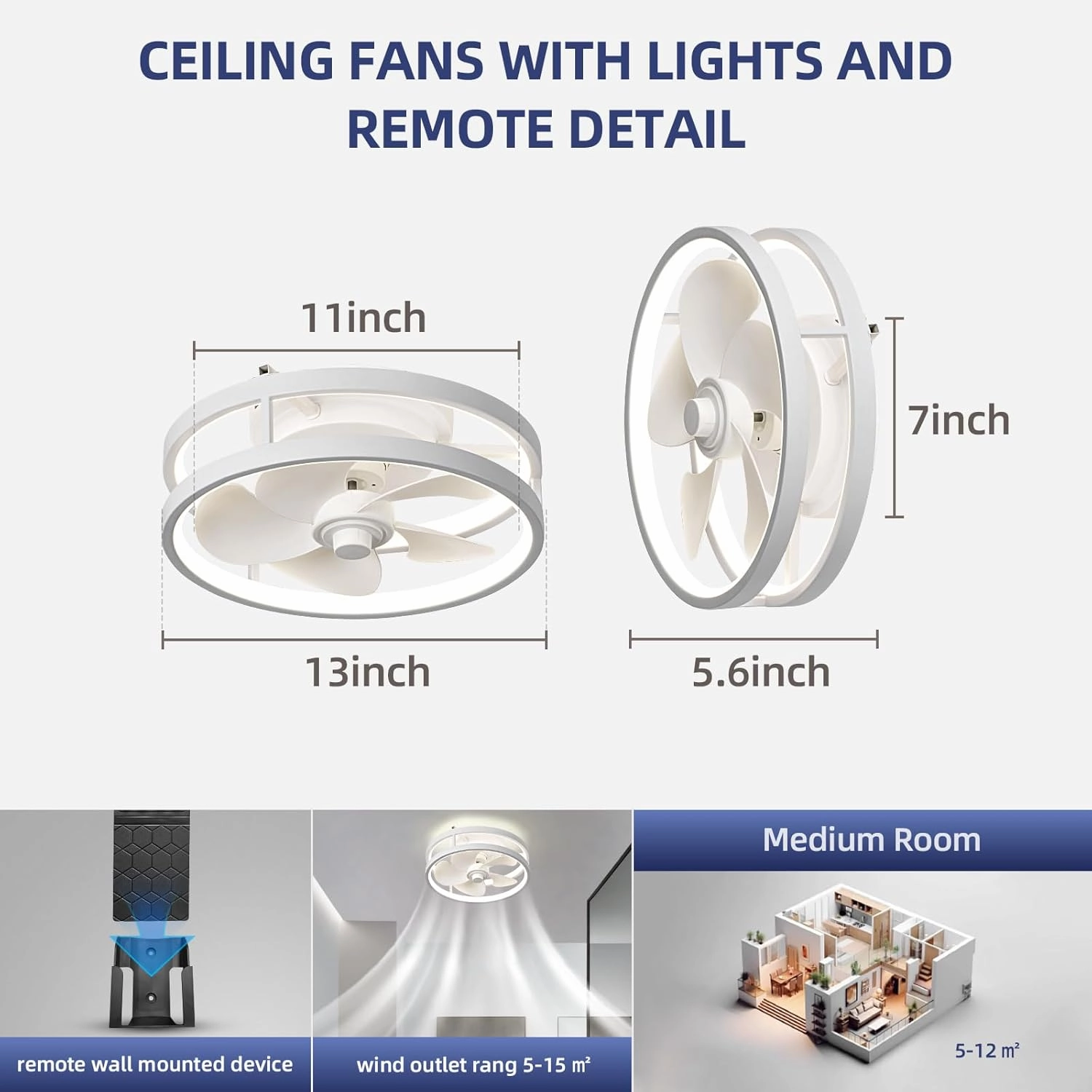 13" Low Profile Ceiling Fans with Lights and Remote,Dimmable 36W 3000-6000K LED Fan Light with App Control,Modern Ceiling Fans Flush Mount Lighting for Bedroom Living Room(White 002)