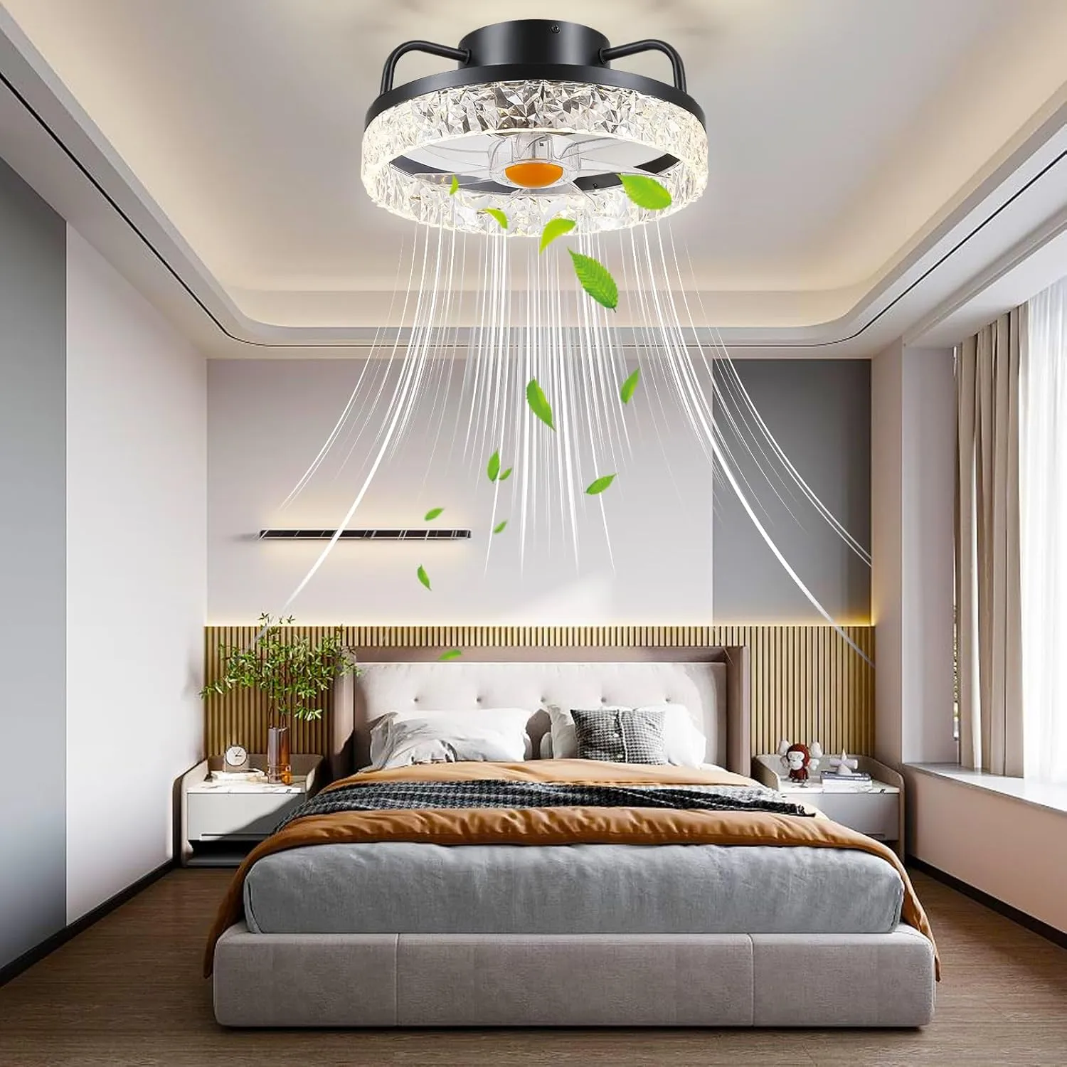 13" Ceiling Fans with Lights and Remote - Flush Mount Low Profile Ceiling Fans - Bladeless Enclosed Fans with Led Light and Stepless Dimming, Small Modern Fan for Bedroom