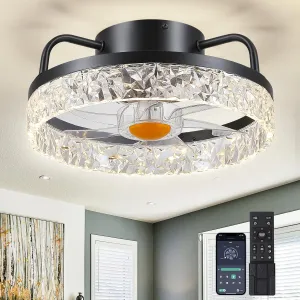 13" Ceiling Fans with Lights and Remote - Flush Mount Low Profile Ceiling Fans - Bladeless Enclosed Fans with Led Light and Stepless Dimming, Small Modern Fan for Bedroom Small bladeless fan for quiet cooling