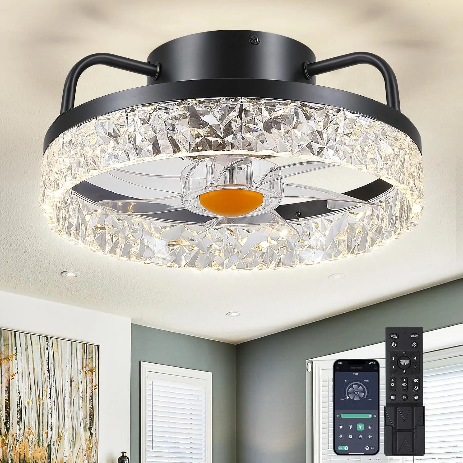 13" Ceiling Fans with Lights and Remote - Flush Mount Low Profile Ceiling Fans - Bladeless Enclosed Fans with Led Light and Stepless Dimming, Small Modern Fan for Bedroom Small bladeless fan for quiet cooling