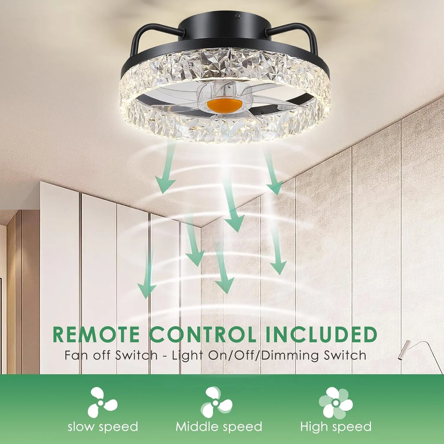 13" Ceiling Fans with Lights and Remote - Flush Mount Low Profile Ceiling Fans - Bladeless Enclosed Fans with Led Light and Stepless Dimming, Small Modern Fan for Bedroom