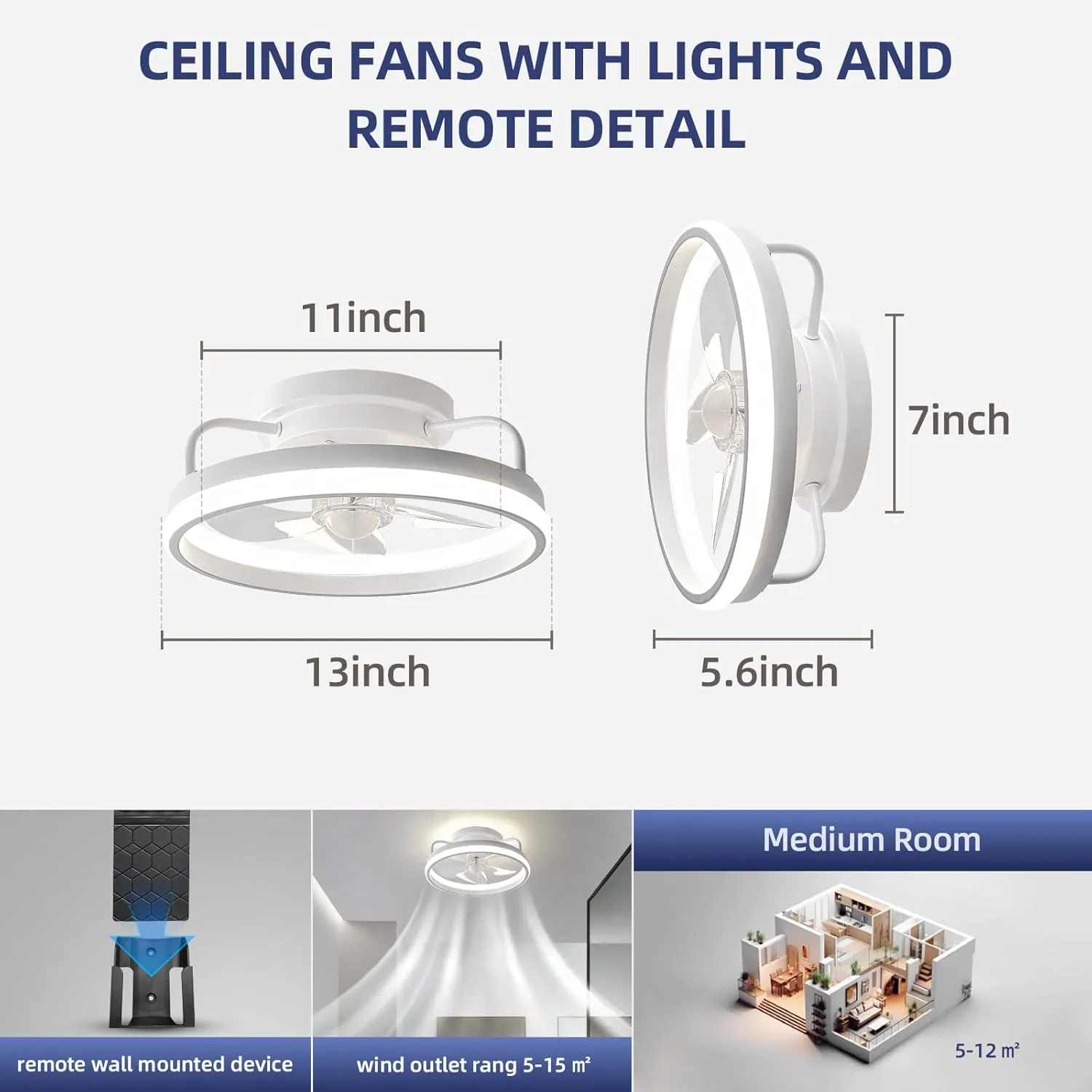 13" Low Profile Ceiling Fans with Lights and Remote,Dimmable 36W 3000-6000K LED Fan Light with Remote Control,Modern Ceiling Fans Flush Mount Lighting for Bedroom Living Room(White 01)