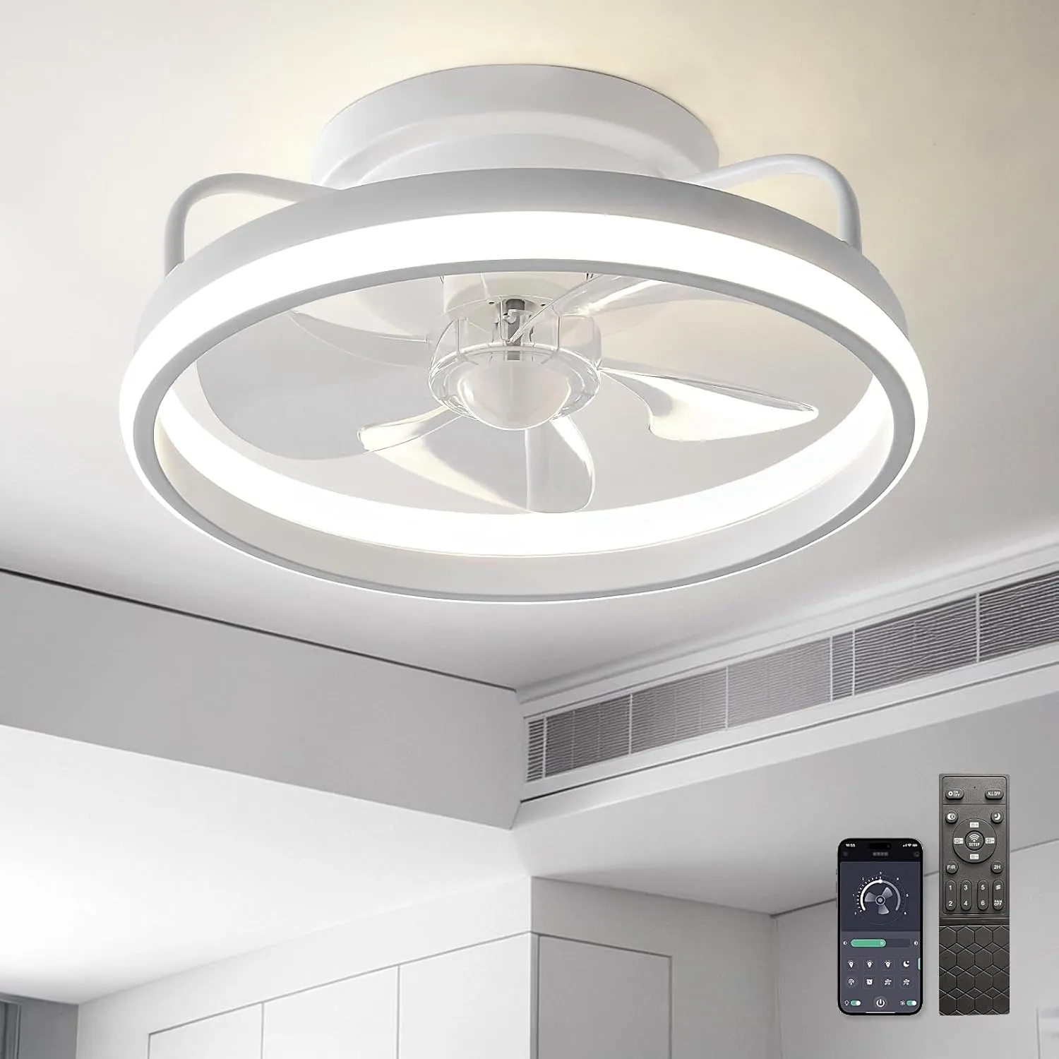 13" Low Profile Ceiling Fans with Lights and Remote,Dimmable 36W 3000-6000K LED Fan Light with Remote Control,Modern Ceiling Fans Flush Mount Lighting for Bedroom Living Room(White 01) App-controlled remote fan for convenience