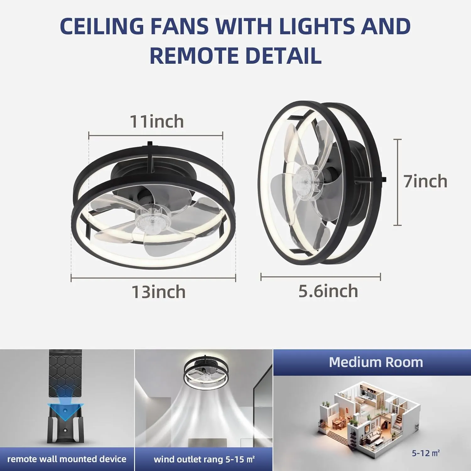 13" Low Profile Ceiling Fans with Lights and Remote,Dimmable 36W 3000-6000K LED Fan Light,Modern Ceiling Fans Flush Mount for Bedroom Living Room(Black 001)
