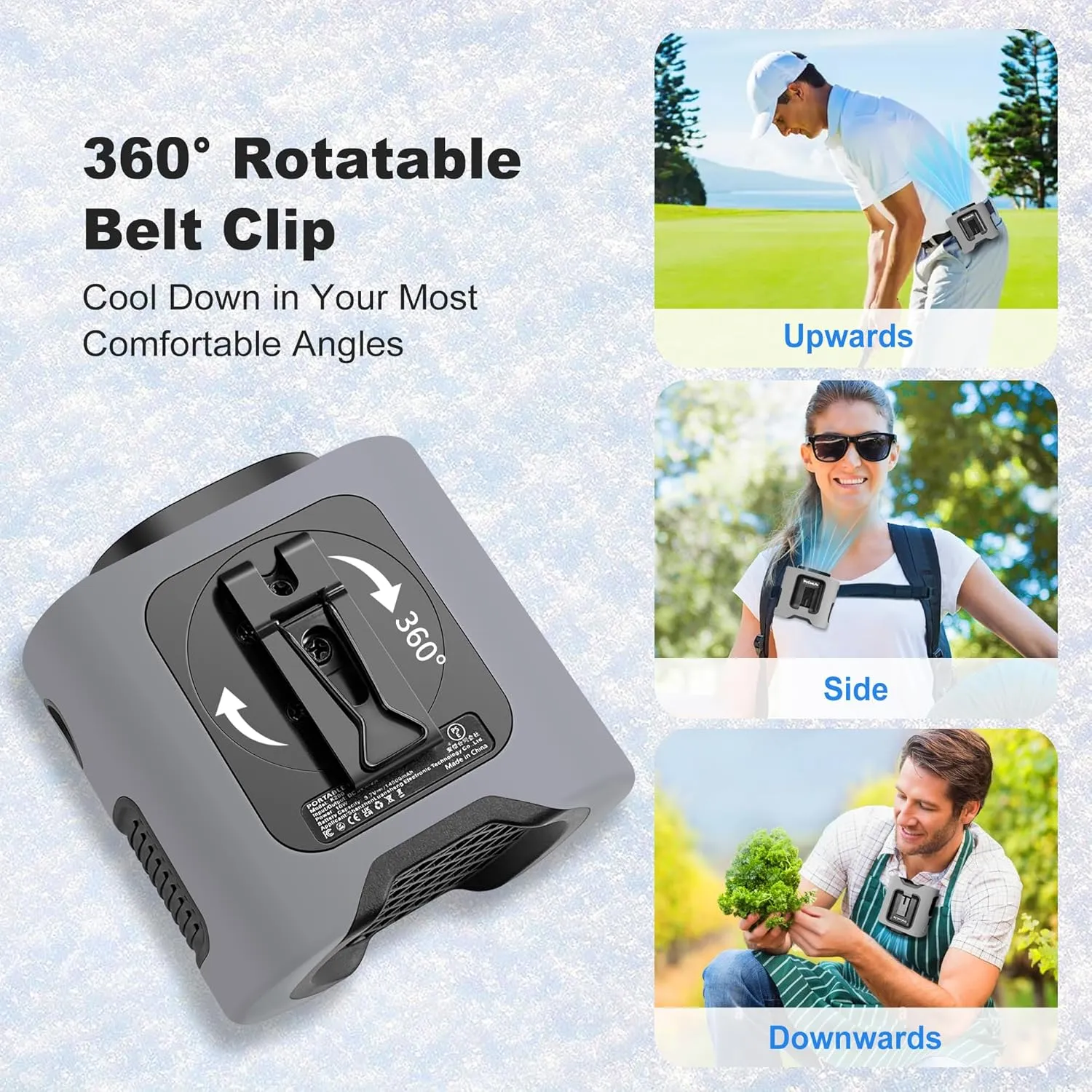 14500mAh Portable Waist Fan Clip on, 67H Cooling, 5 Speeds Rechargeable Personal Belt Shirt Fan Wearable with Rotatable Clamps & Flashlight, Neck Fan for Outdoor Jobsite Camping Travel