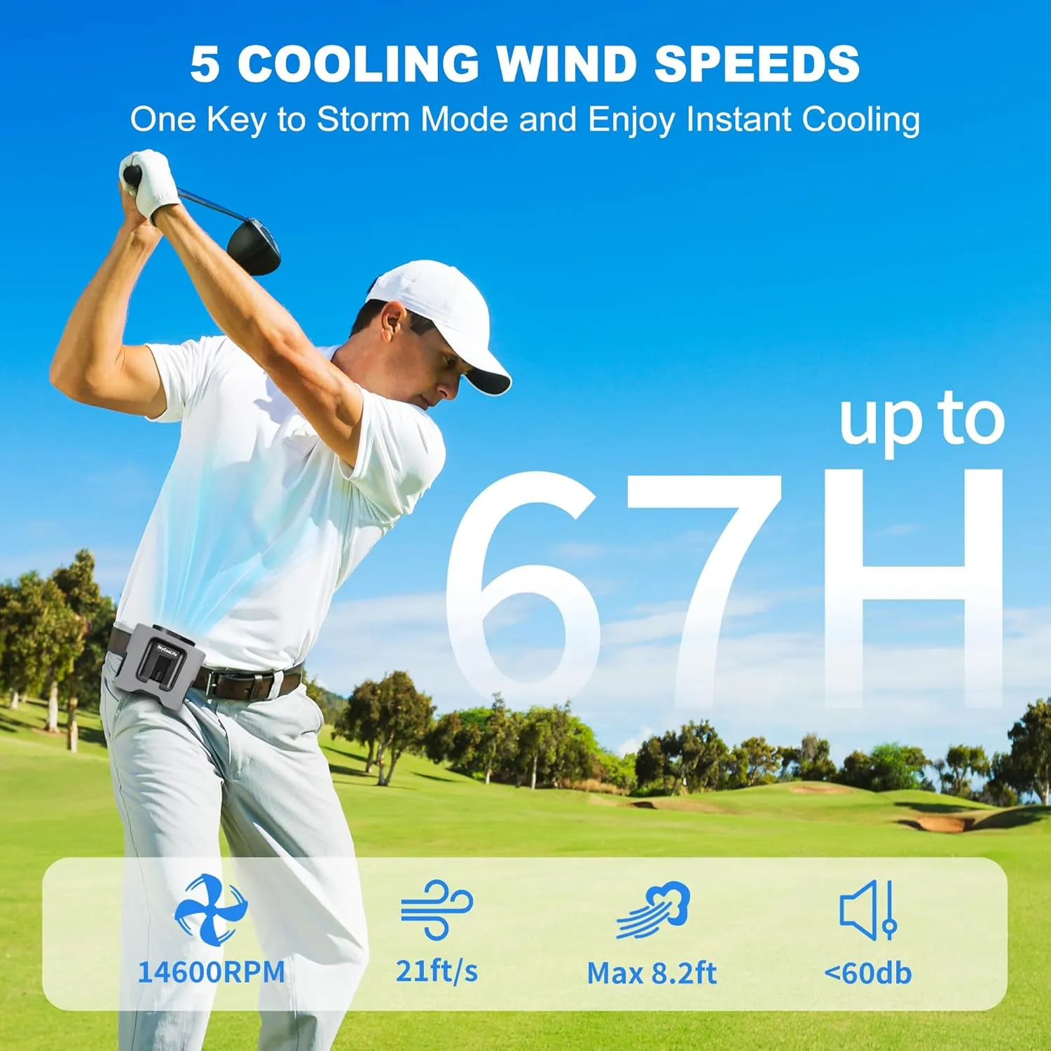 14500mAh Portable Waist Fan Clip on, 67H Cooling, 5 Speeds Rechargeable Personal Belt Shirt Fan Wearable with Rotatable Clamps & Flashlight, Neck Fan for Outdoor Jobsite Camping Travel