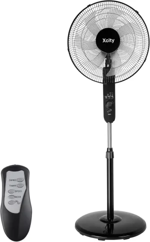 16 inch Oscillating Pedestal Fan, 3-Speed Stand Fan, Remote Control, High Velocity, Adjustable Height & Tilt, 7.5H Timer, Powerful Quiet Standing Fan for Bedroom, Living Room, Office, Black Fan with safety blade design