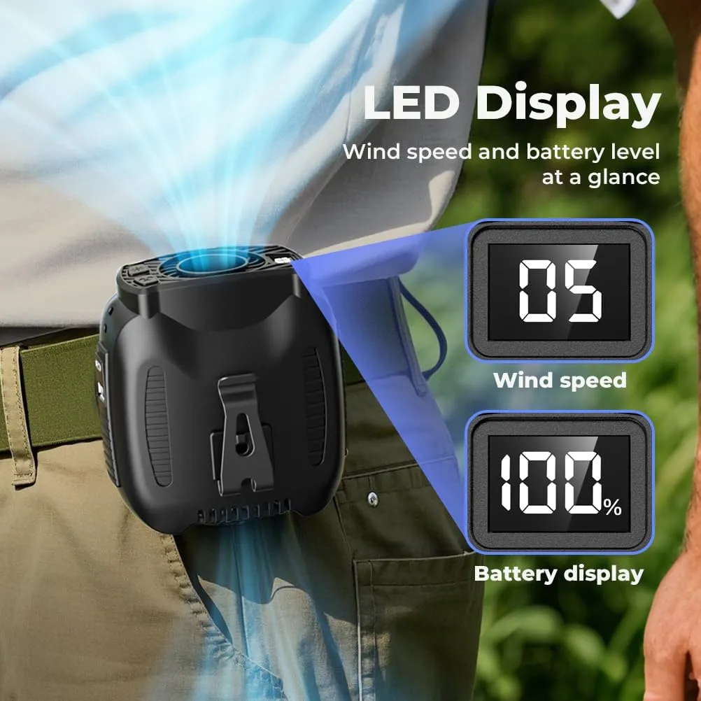 16000mAh Portable Waist Fan Rechargeable, 16000RPM 5-Speeds Strong Airflow, 48H Runtime with Flashlight, Personal Wearable Belt Fan for Camping, Outdoor, Jobsite, Black