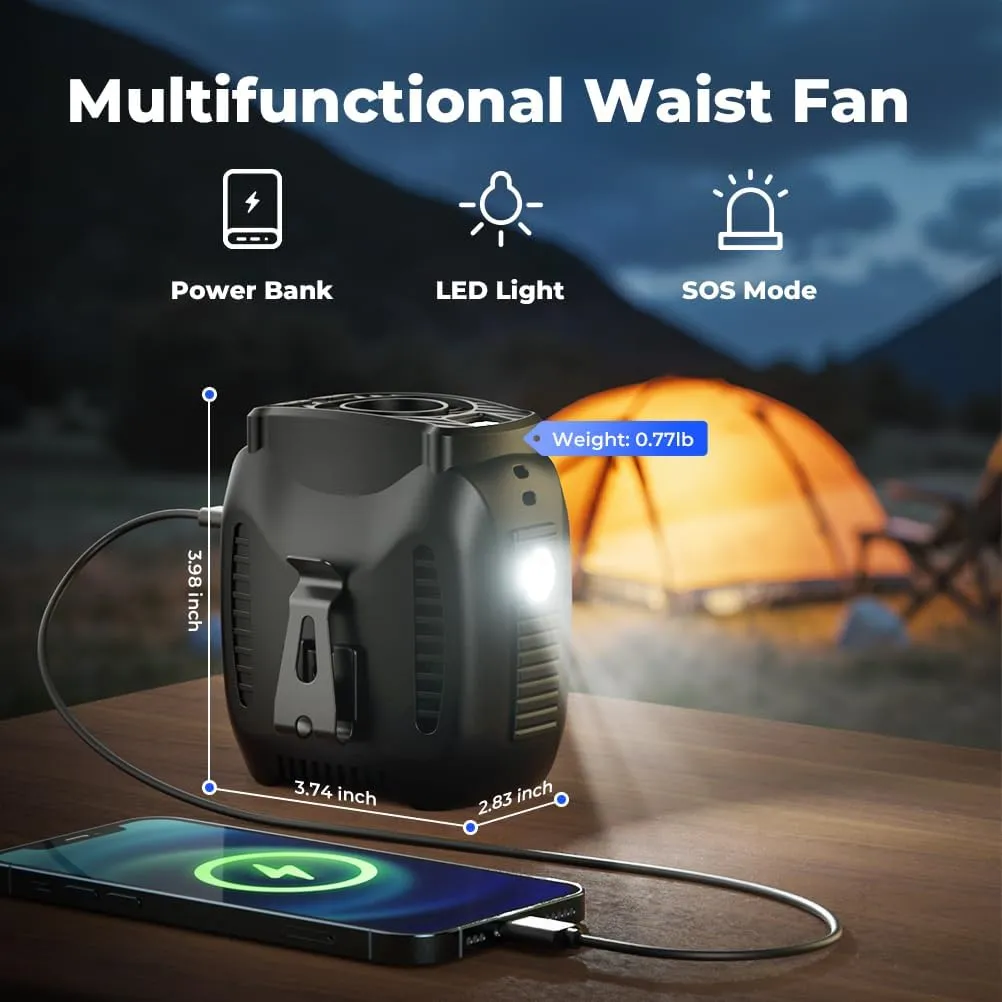 16000mAh Portable Waist Fan Rechargeable, 16000RPM 5-Speeds Strong Airflow, 48H Runtime with Flashlight, Personal Wearable Belt Fan for Camping, Outdoor, Jobsite, Black