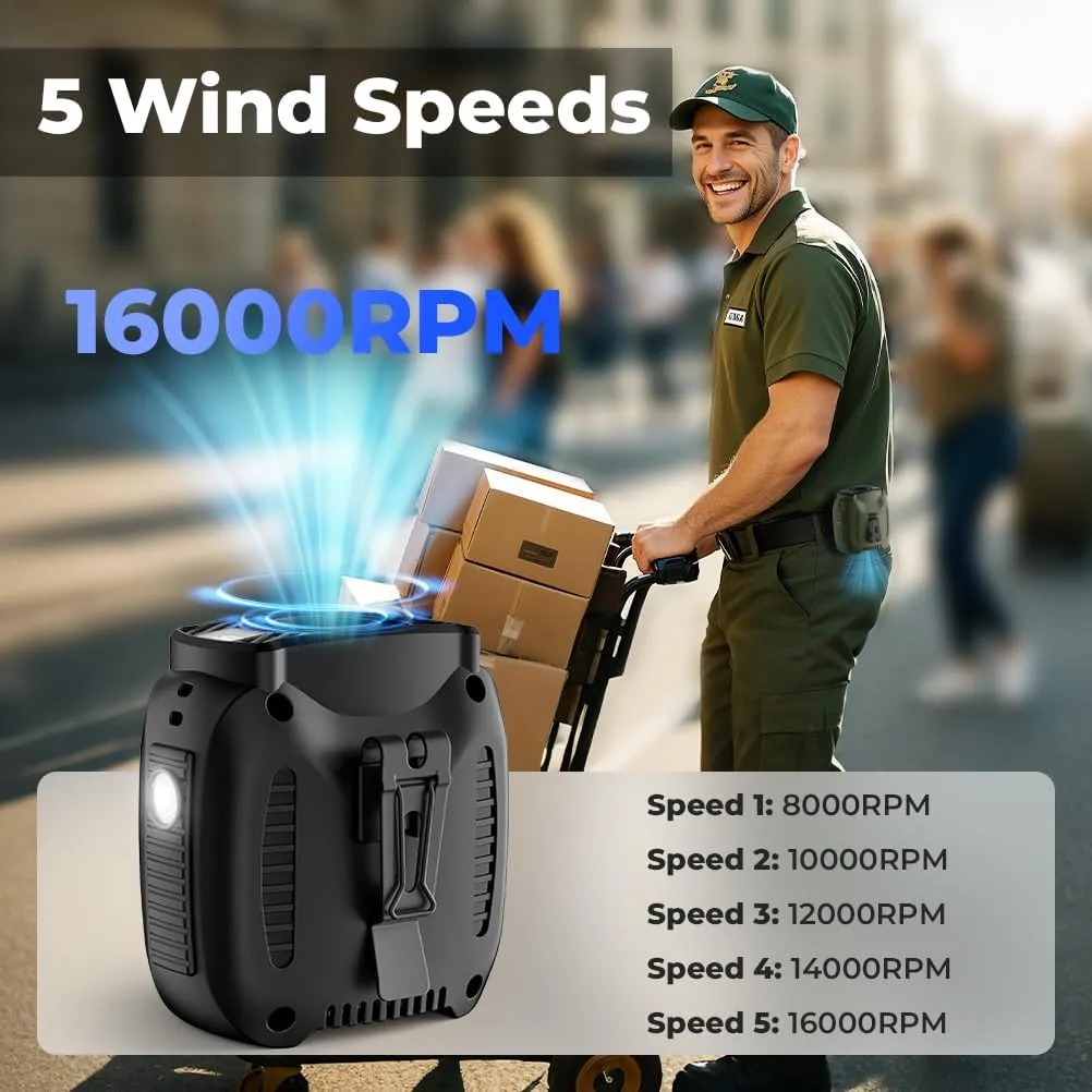 16000mAh Portable Waist Fan Rechargeable, 16000RPM 5-Speeds Strong Airflow, 48H Runtime with Flashlight, Personal Wearable Belt Fan for Camping, Outdoor, Jobsite, Black
