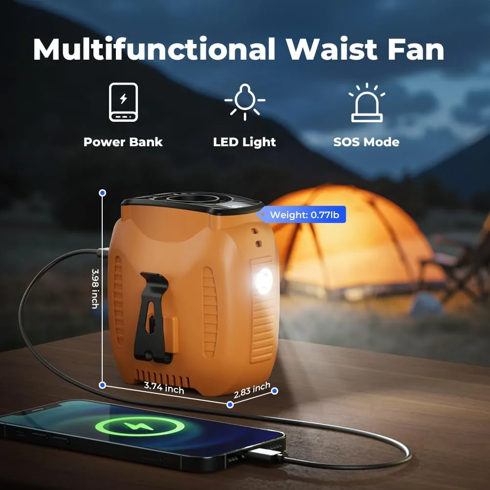 16000mAh Portable Waist Fan Rechargeable, 5-Speeds 16000RPM Strong Airflow, 48-Hour Runtime, LED Display, Flashlight, Neck Fan, Personal Wearable Belt Fan for Camping, Outdoor, Jobsite, Orange