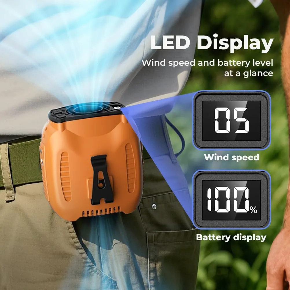 16000mAh Portable Waist Fan Rechargeable, 5-Speeds 16000RPM Strong Airflow, 48-Hour Runtime, LED Display, Flashlight, Neck Fan, Personal Wearable Belt Fan for Camping, Outdoor, Jobsite, Orange