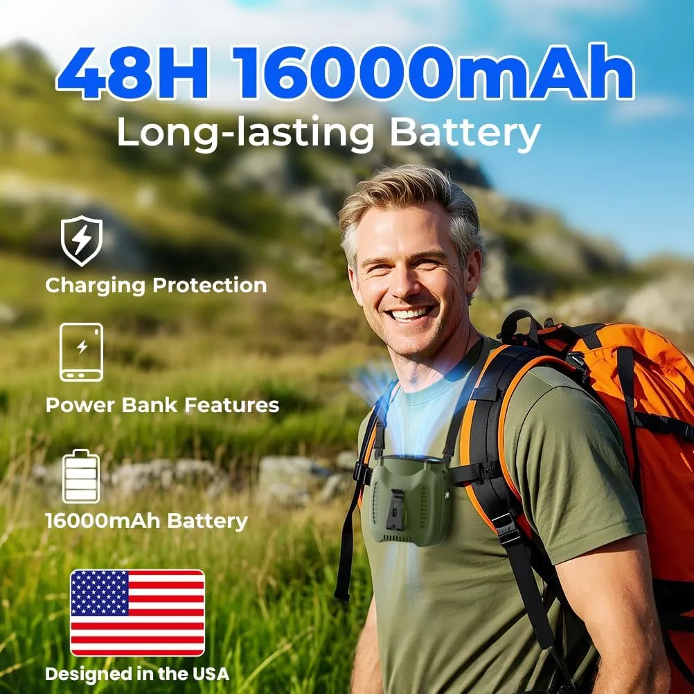 16000mAh Portable Waist Fan Rechargeable, 5-Speeds Strong Airflow, 48H Runtime, with Flashlight, Personal Wearable Belt Fan for Camping, Outdoor, Jobsite, Green