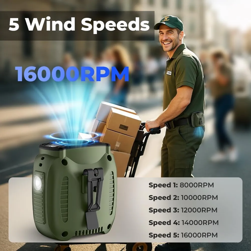 16000mAh Portable Waist Fan Rechargeable, 5-Speeds Strong Airflow, 48H Runtime, with Flashlight, Personal Wearable Belt Fan for Camping, Outdoor, Jobsite, Green