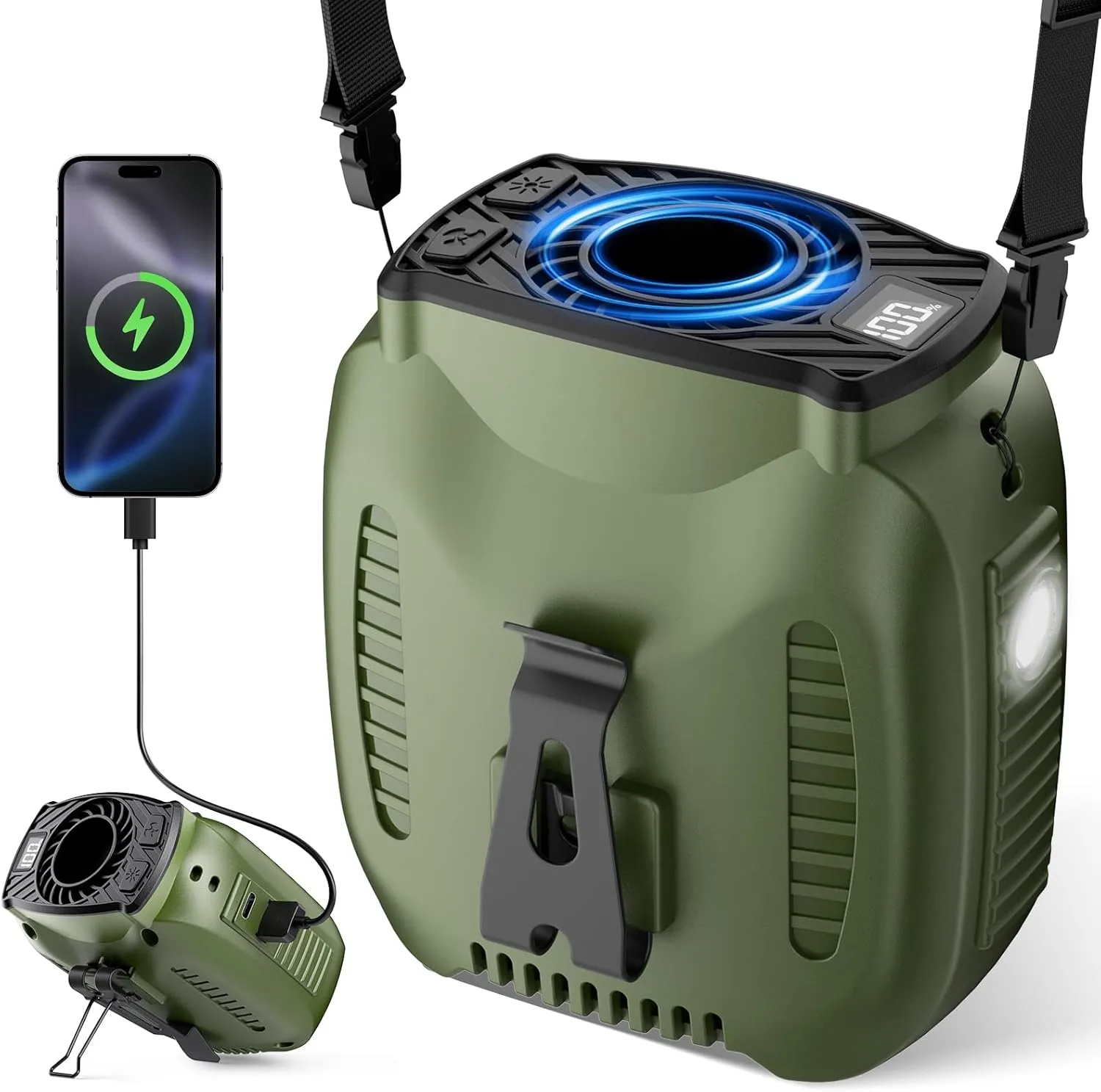 16000mAh Portable Waist Fan Rechargeable, 5-Speeds Strong Airflow, 48H Runtime, with Flashlight, Personal Wearable Belt Fan for Camping, Outdoor, Jobsite, Green Waist-mounted portable fan for outdoor use