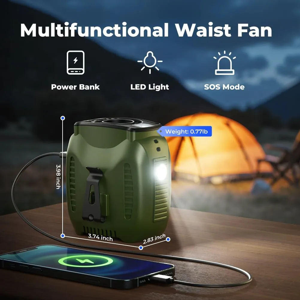 16000mAh Portable Waist Fan Rechargeable, 5-Speeds Strong Airflow, 48H Runtime, with Flashlight, Personal Wearable Belt Fan for Camping, Outdoor, Jobsite, Green