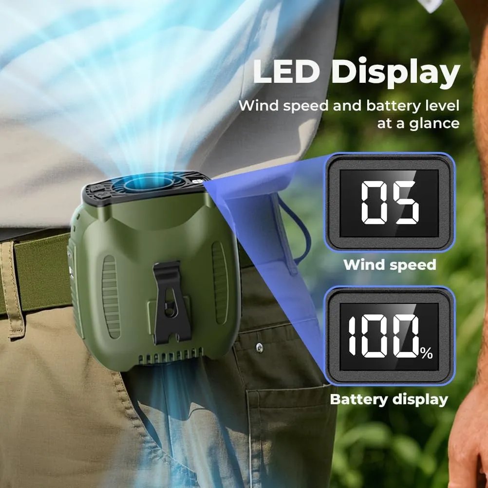 16000mAh Portable Waist Fan Rechargeable, 5-Speeds Strong Airflow, 48H Runtime, with Flashlight, Personal Wearable Belt Fan for Camping, Outdoor, Jobsite, Green