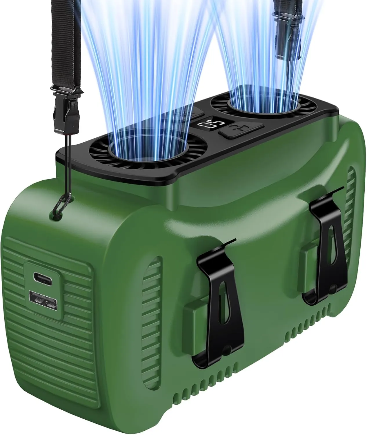16000mAh Portable Waist Fan- Rechargeable Battery Personal Fan Clip on Wearable Belt With 5 Speeds,LED Digital Display and Flashlight Neck Fan Hands-Free 25H Cooling For Outdoor Travel Camping-Green Waist-mounted portable fan for outdoor use