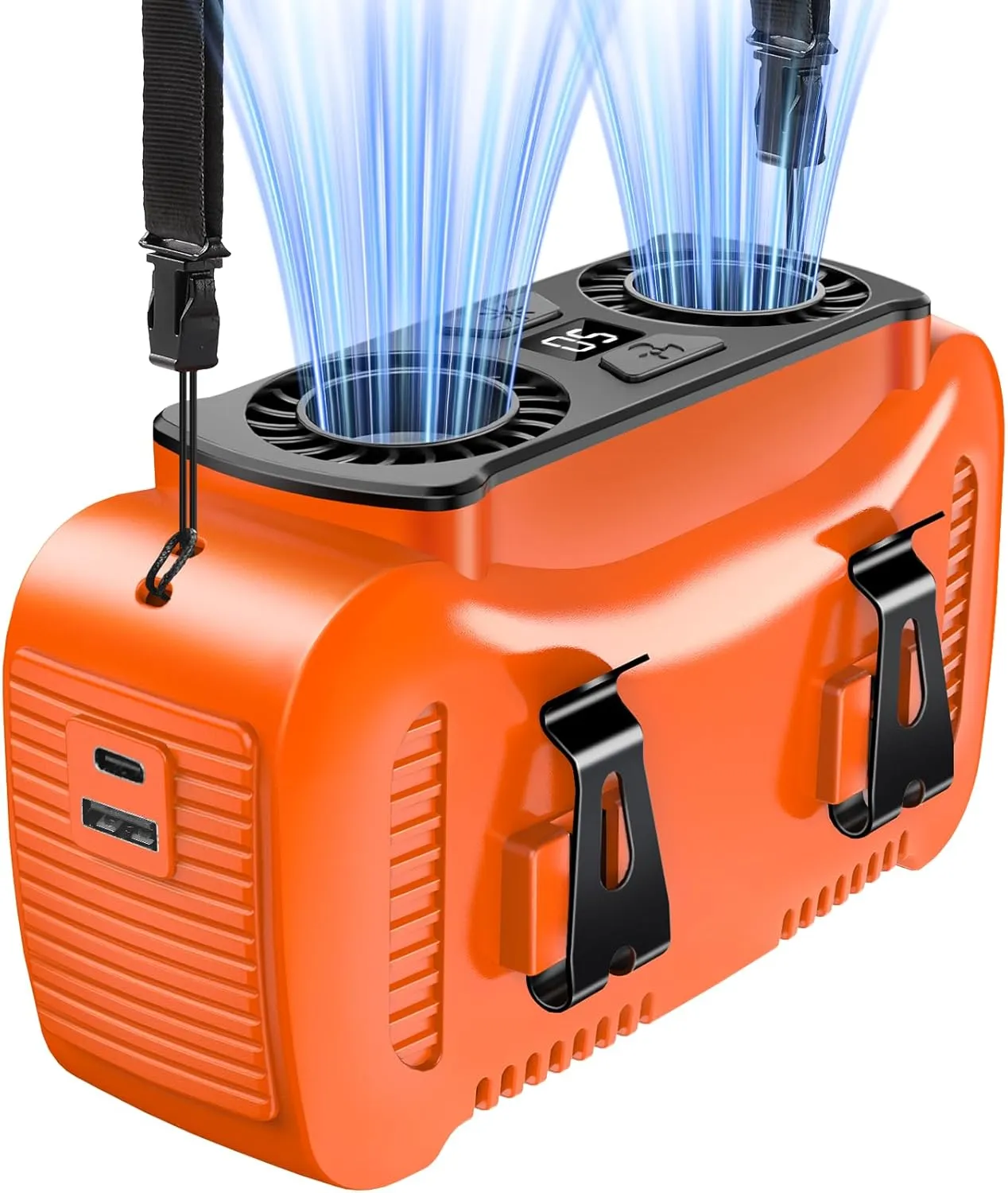 16000mAh Portable Waist Fan- Rechargeable Battery Personal Fan Clip on Wearable Belt With 5 Speeds,LED Digital Display and Flashlight Neck Fan Hands-Free 25H Cooling For Outdoor Travel Camping-Orange Waist-mounted portable fan for outdoor use
