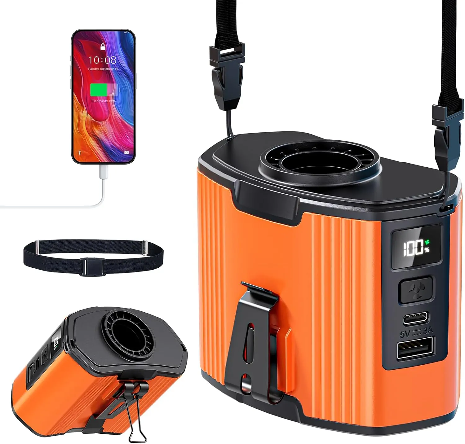 16000RPM Portable Waist Fan Rechargeable, 12000mAh Belt Fans, 10 Speeds High Speed Turbo Motor, Under Shirt Fan with up to 40H of Working Time, Body Fans for Outdoor, Jobsite,Farming, Orange Waist-mounted portable fan for outdoor use