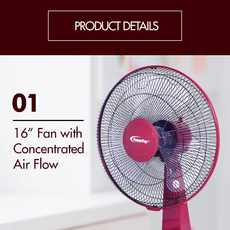 16" Desk Fan  High Velocity, Oscillation, Adjustable Tilt, Timer, Durable, Overheat Protection, 3-Speed, red, PPTF16