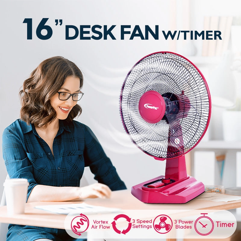 16" Desk Fan  High Velocity, Oscillation, Adjustable Tilt, Timer, Durable, Overheat Protection, 3-Speed, red, PPTF16