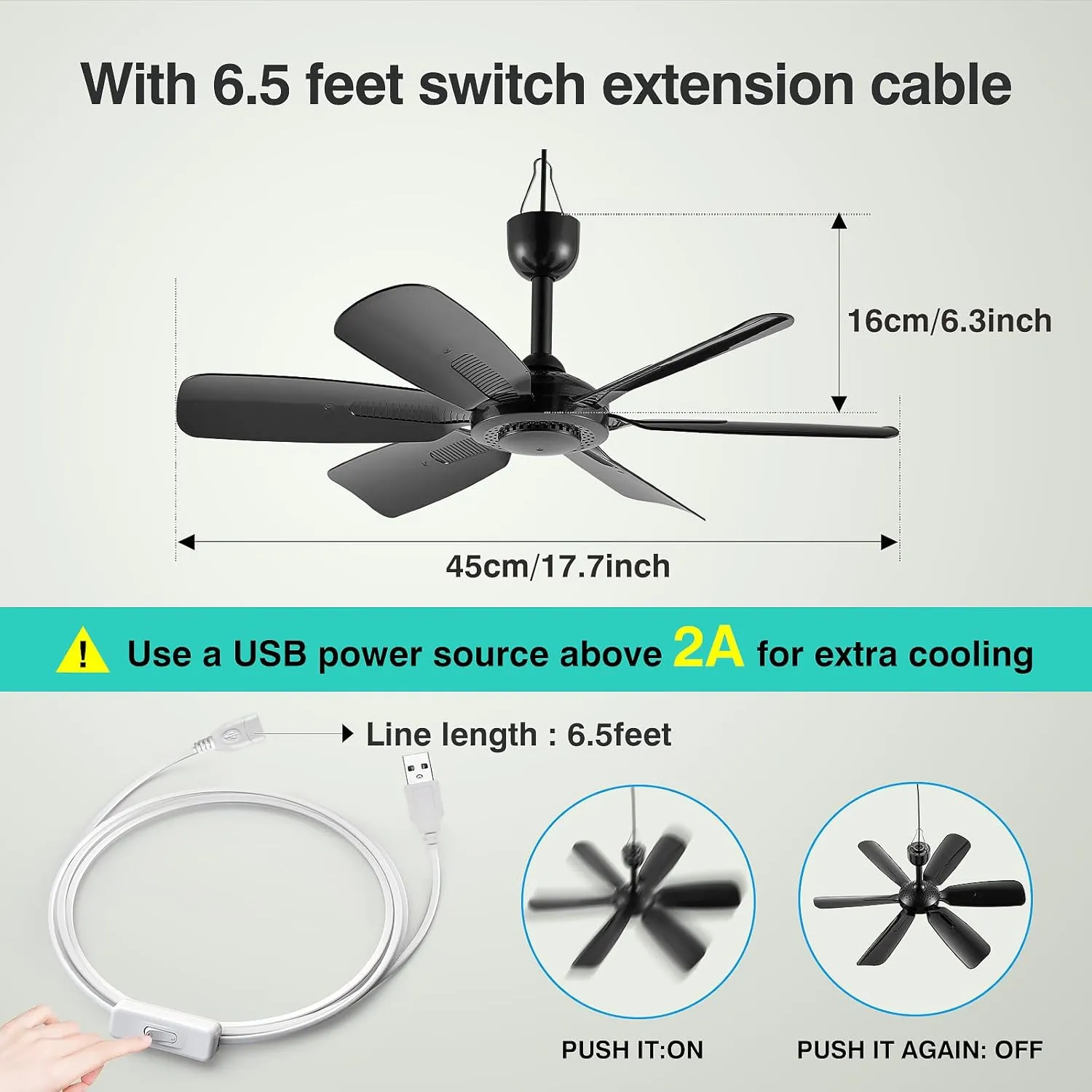 17.7-inch Portable USB Hanging Fan with 6 Blades, Indoor/Outdoor Use for RV, Camping, and Canopy, Quiet OperationFan with on/off buttons (with on/off buttons)