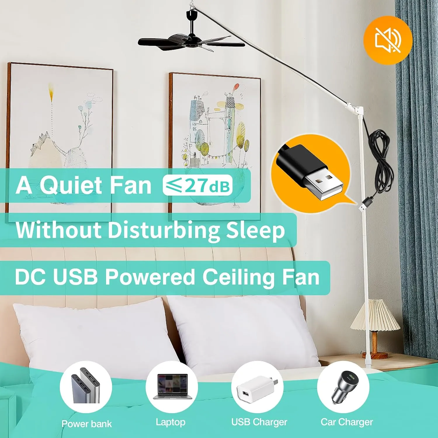 17.7-inch Portable USB Hanging Fan with 6 Blades, Indoor/Outdoor Use for RV, Camping, and Canopy, Quiet OperationFan with remote control (with remote control)