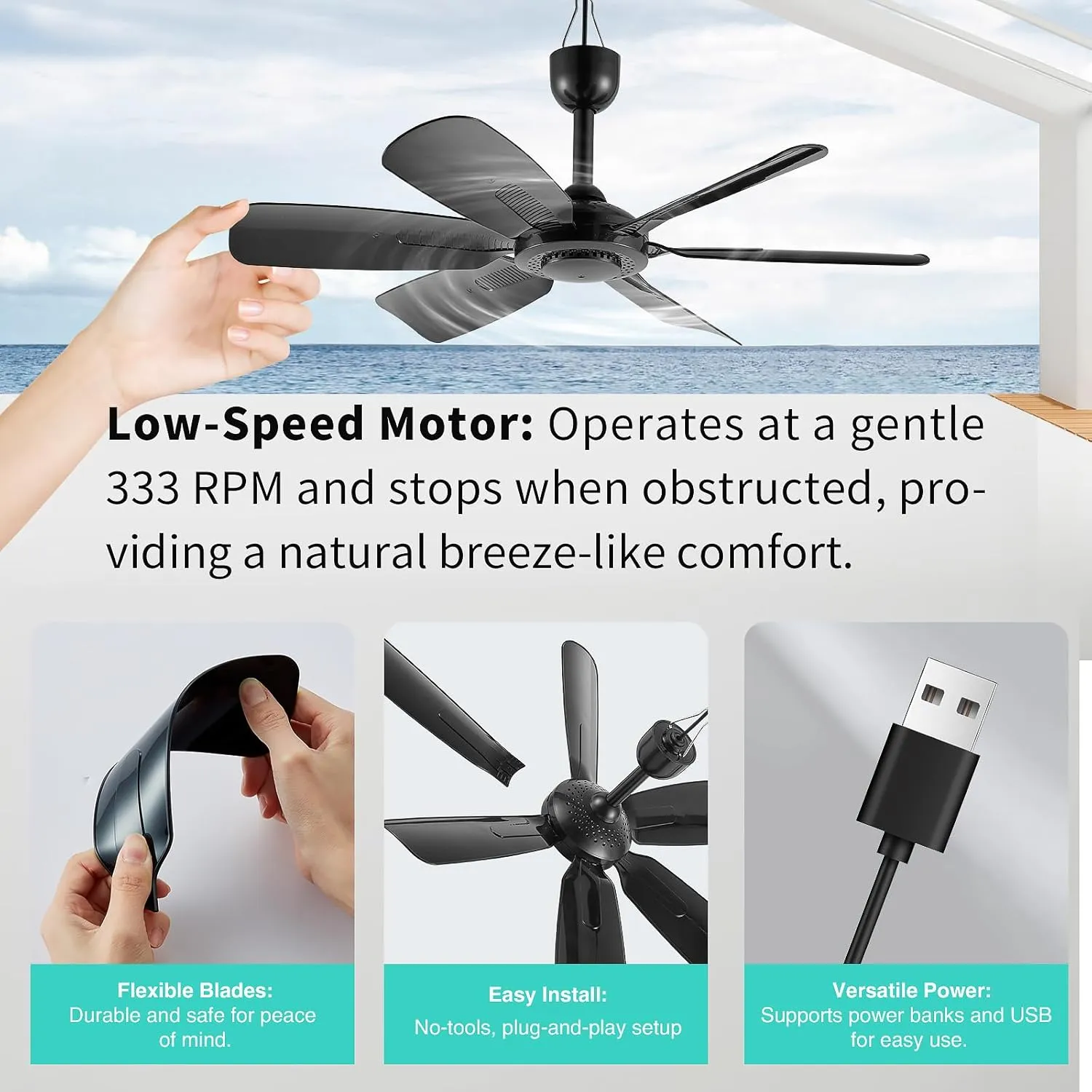 17.7-inch Portable USB Hanging Fan with 6 Blades, Indoor/Outdoor Use for RV, Camping, and Canopy, Quiet OperationFan with remote control (with remote control)