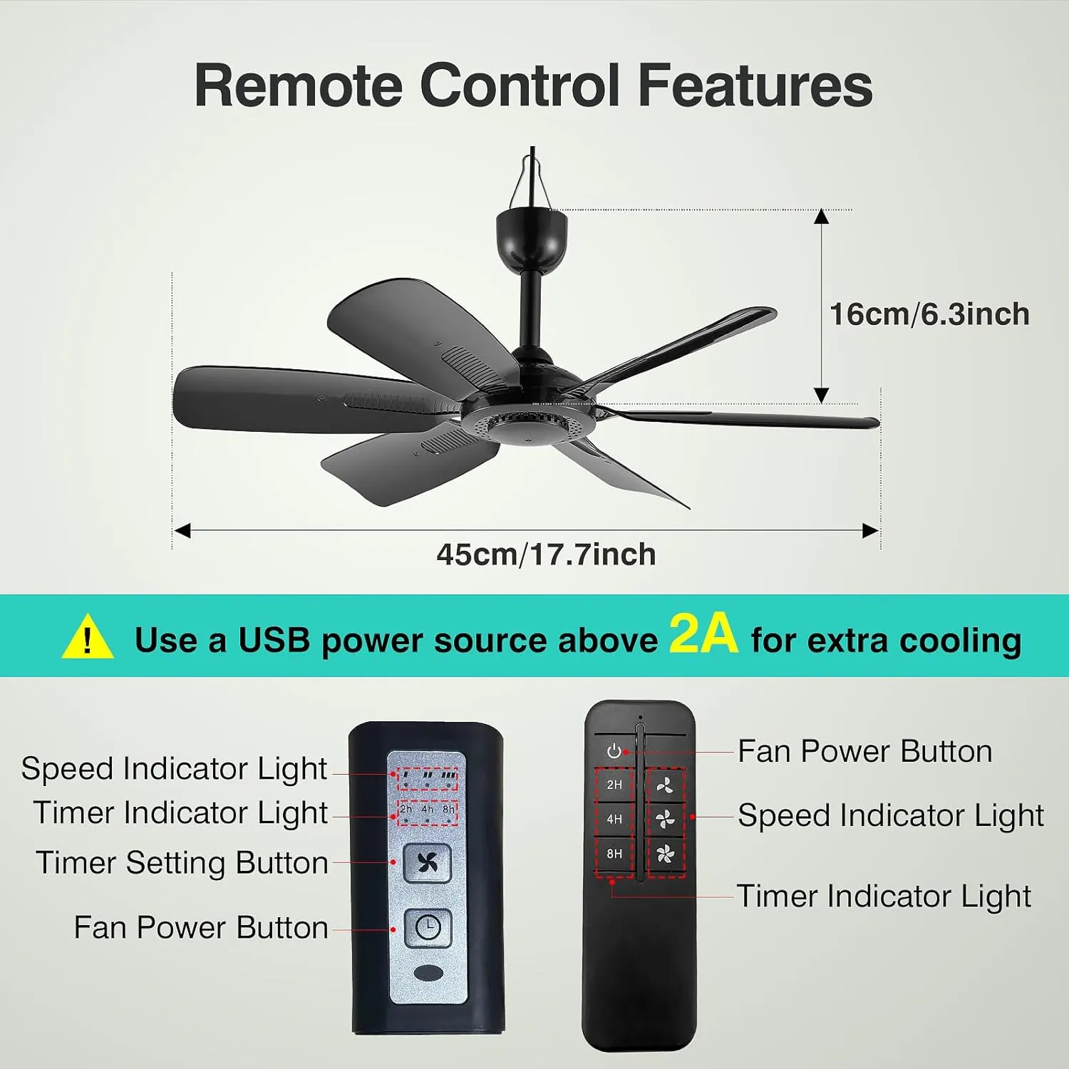 17.7-inch Portable USB Hanging Fan with 6 Blades, Indoor/Outdoor Use for RV, Camping, and Canopy, Quiet OperationFan with remote control (with remote control)