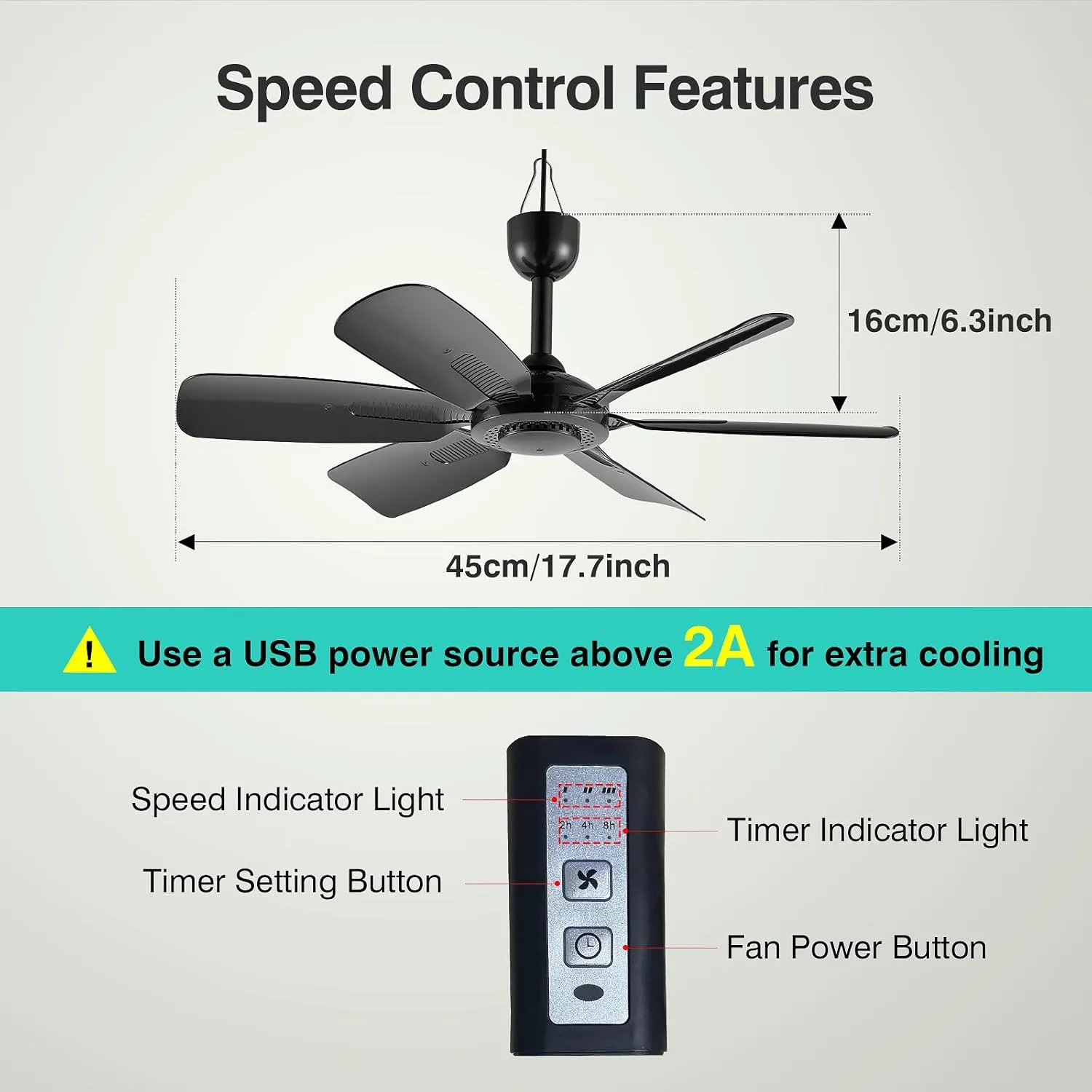17.7-inch Portable USB Hanging Fan with 6 Blades, Indoor/Outdoor Use for RV, Camping, and Canopy, Quiet OperationFan with timer and speed buttons (with timer and speed buttons)