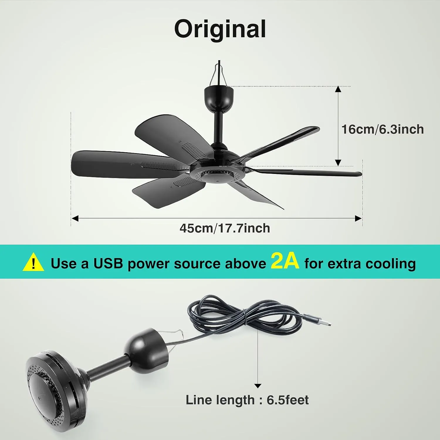 17.7-inch Portable USB Small Hanging Fan with 6 Blades, Indoor/Outdoor Use for RV, Camping, and Canopy, Quiet OperationElectric Fan (black)