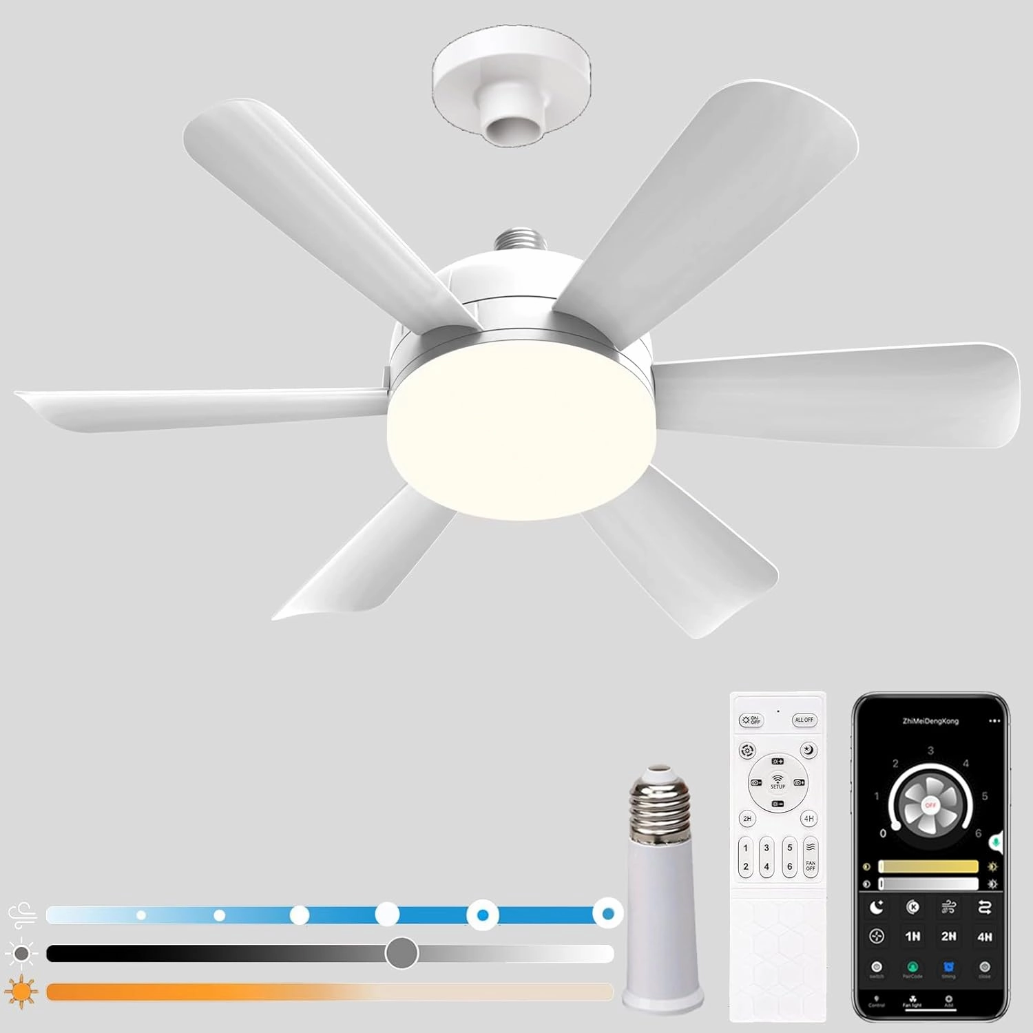 18" Socket Fan Light with 2.4G Remote/APP Control 6 wind Speeds 3 Color Temperatures Socket Ceiling Fan Light,E26 Base Screw Socket Ceiling Fan with Lights,for Small Rooms,Kids Room Kitchen App-controlled remote fan for convenience