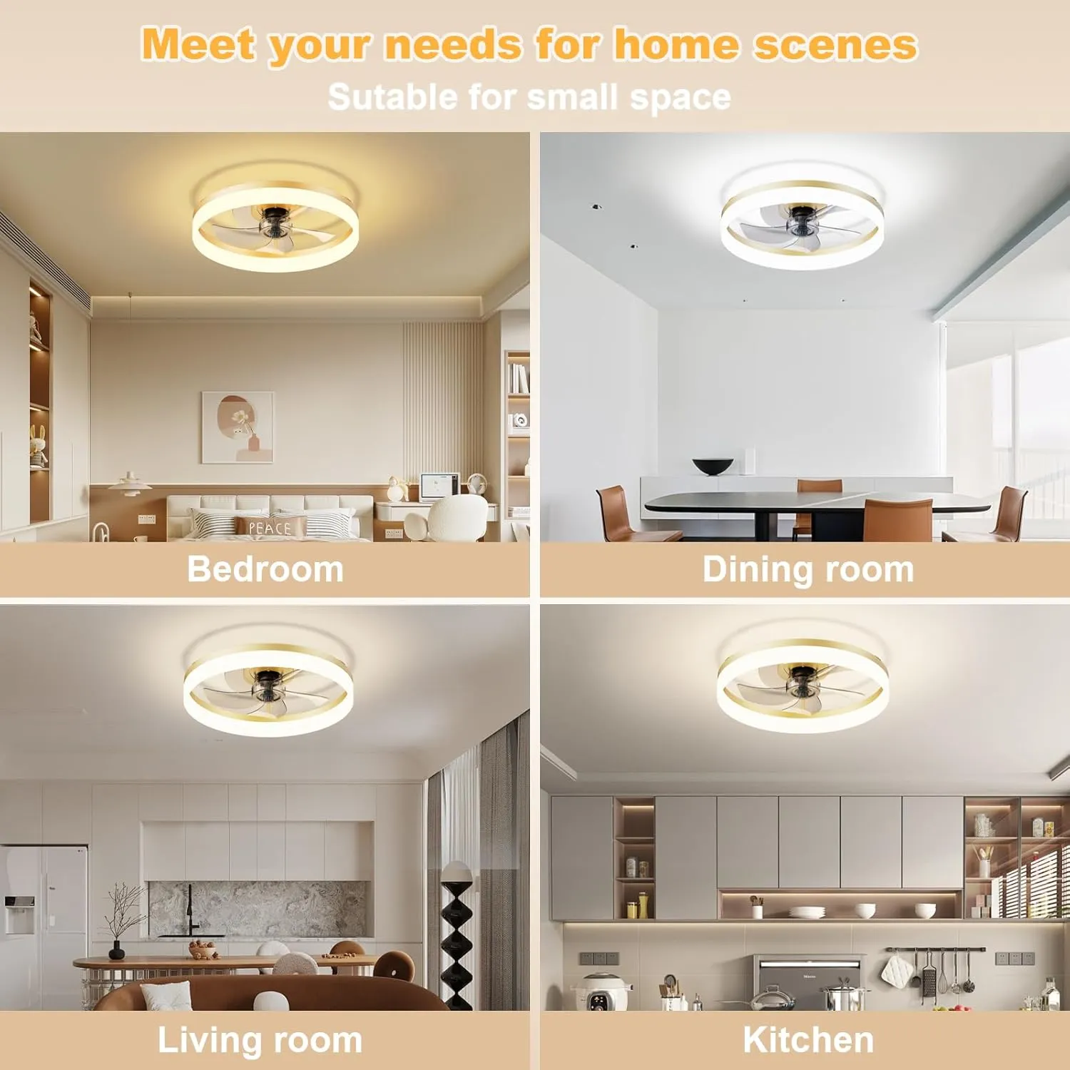 19.7" Low Profile Ceiling Fan with Light Flush Mount | 6-Speed Reversible & Silent Fan with 3000K-6500K Adjustable Lighting Remote & App Control for Living Room, Bedroom, Kitchen, Gold