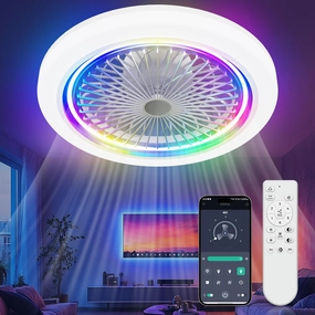 19 in RGB Ceiling Fan With Led Lights: Low Profile Smart Ceiling Fans With Remote APP Control Enclosed Flush Mount Ceiling Fan With Quiet Motor Dimmable For Bedroom App-controlled remote fan for convenience