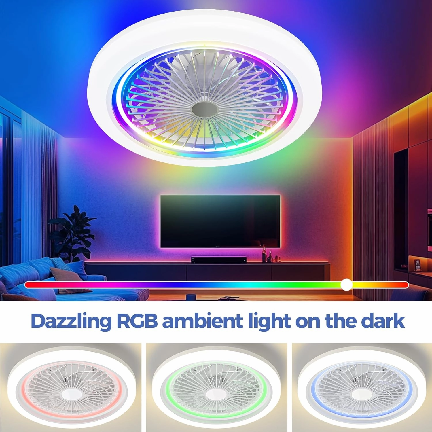19 in RGB Ceiling Fan With Led Lights: Low Profile Smart Ceiling Fans With Remote APP Control Enclosed Flush Mount Ceiling Fan With Quiet Motor Dimmable For Bedroom